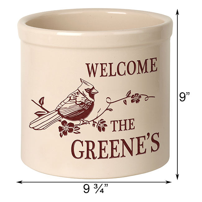Whitehall Perched Cardinal Welcome Stoneware Crock, 1 Line