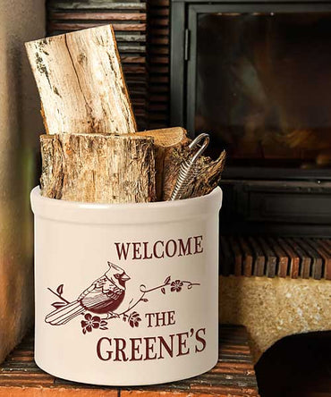 Whitehall Perched Cardinal Welcome Stoneware Crock, 1 Line