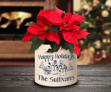 Whitehall Snowman Family w/ 1 Child Stoneware Crock, 2 Line