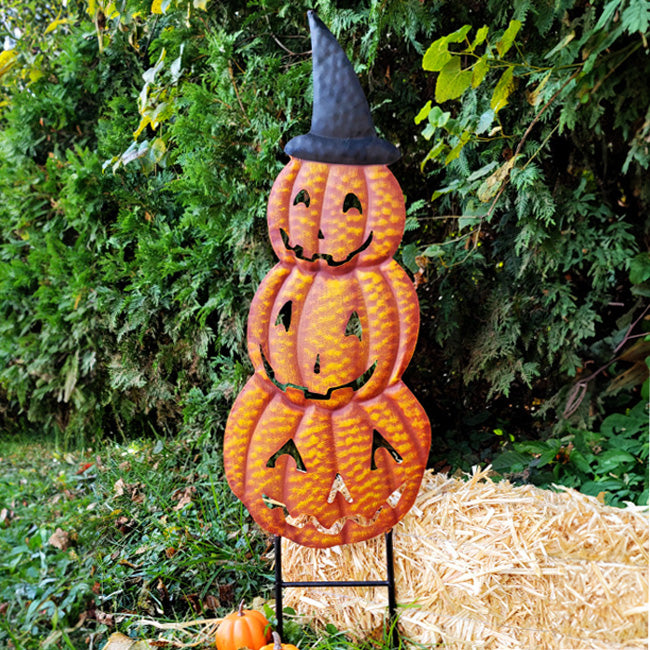 Land & Sea Metal Stacked Jack-O-Lanterns with Witch Hat Art