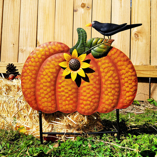 Land & Sea Metal Pumpkin with Sunflower and Bird Yard Art