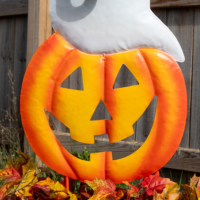 Land & Sea Metal Jack-O-Lantern with Boo Ghost Yard Art