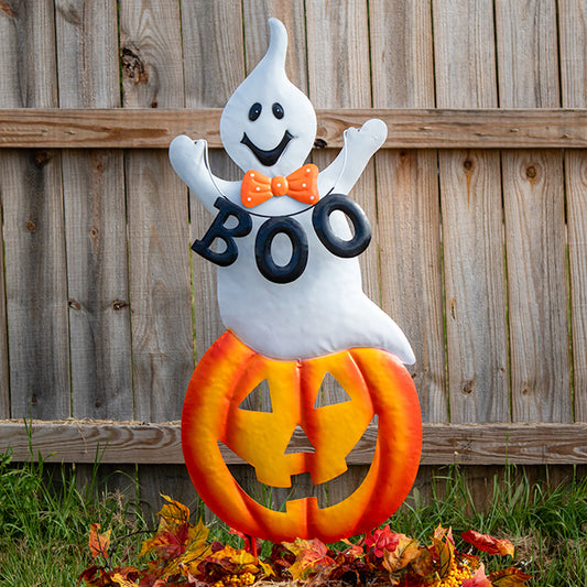 Land & Sea Metal Jack-O-Lantern with Boo Ghost Yard Art