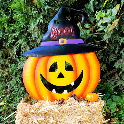 Land & Sea Metal Jack-O-Lantern with Boo Witch Hat Yard Art