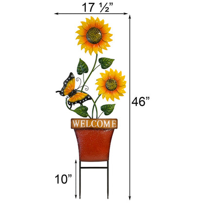 Land & Sea Tall Metal Potted Sunflowers & Butterfly Yard Art