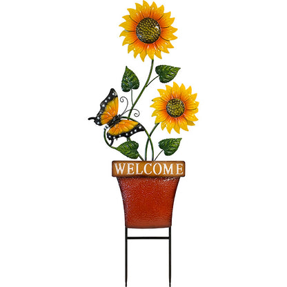 Land & Sea Tall Metal Potted Sunflowers & Butterfly Yard Art