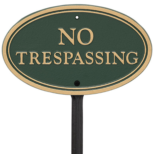 Whitehall No Trespassing Oval Statement Plaque, Green/Gold