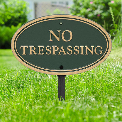 Whitehall No Trespassing Oval Statement Plaque, Green/Gold