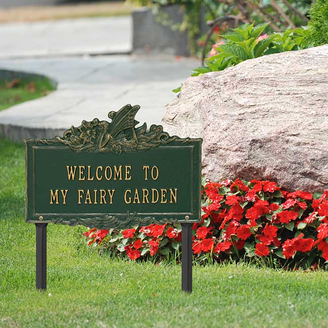 Whitehall Welcome to My Fairy Garden Lawn Marker, Grn/Gold