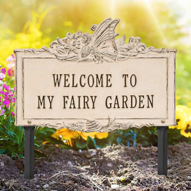 Whitehall Welcome to My Fairy Garden Lawn Marker, Limestone