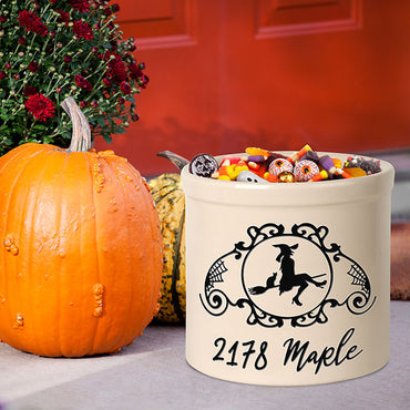 Whitehall Witch on a Broom Stoneware Crock, 1 Line