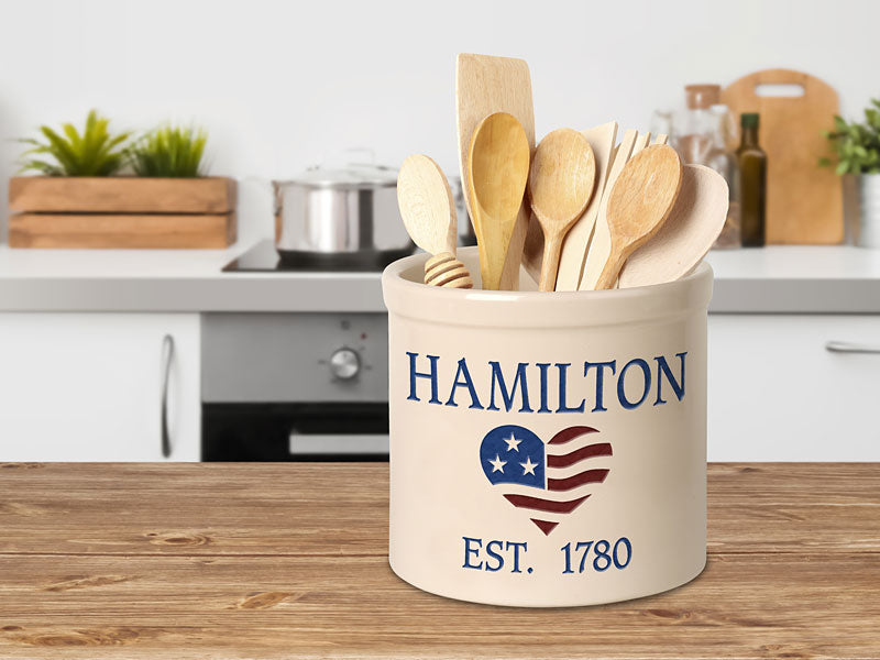 Whitehall Heart Shaped Flag Stoneware Crock, 2 Line