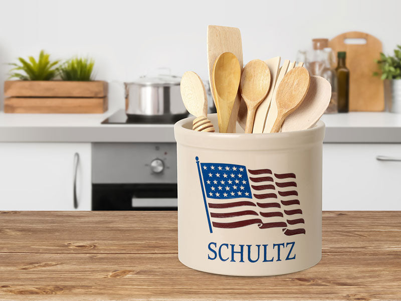 Whitehall American Heritage Flag Stoneware Crock, 1 Line