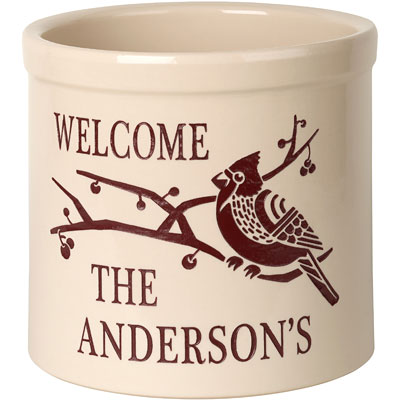 Whitehall Deco Cardinal Welcome Stoneware Crock, 1 Line
