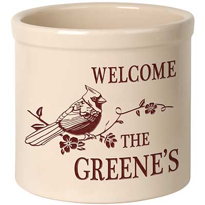 Whitehall Perched Cardinal Welcome Stoneware Crock, 1 Line