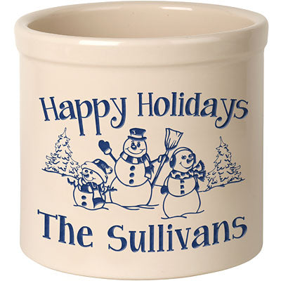 Whitehall Snowman Family w/ 1 Child Stoneware Crock, 2 Line