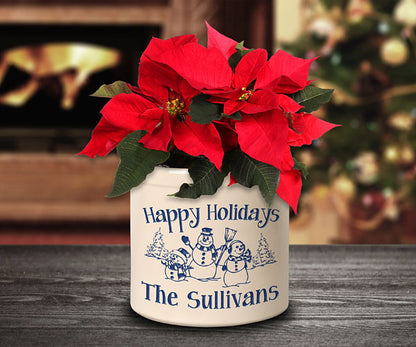 Whitehall Snowman Family w/ 1 Child Stoneware Crock, 2 Line